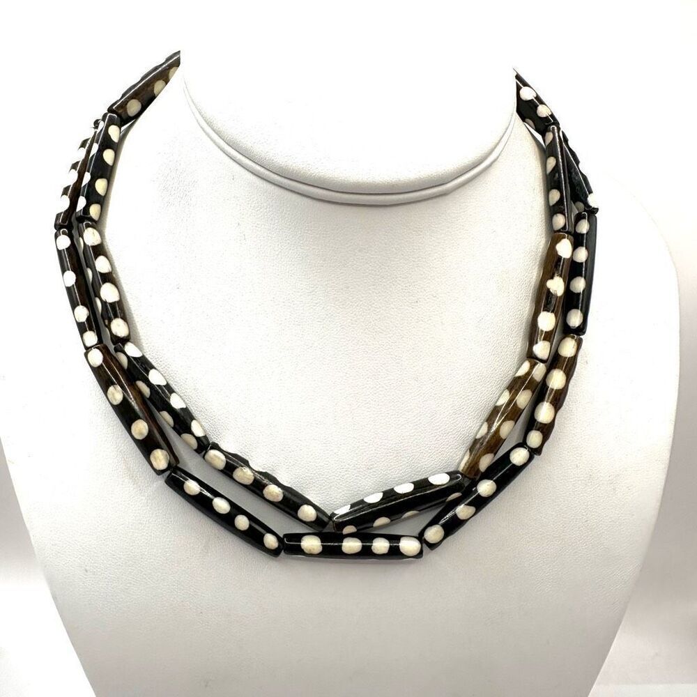 African batik brown and cream tube beaded necklace